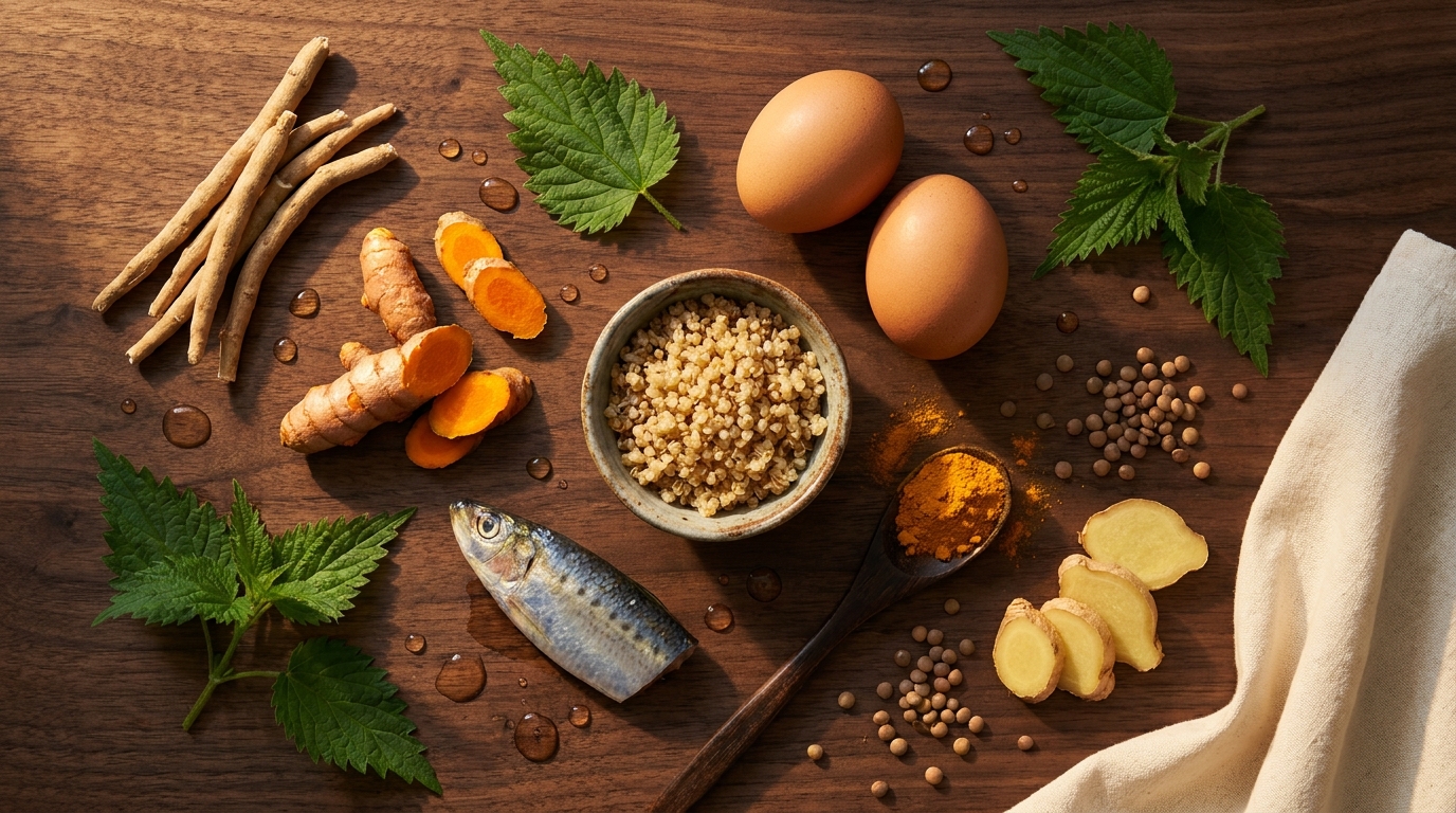 Ingredientes ancestrales del protocolo anti-sarcopenia: ashwagandha, cúrcuma, ortiga, huevos, pescado, quinoa