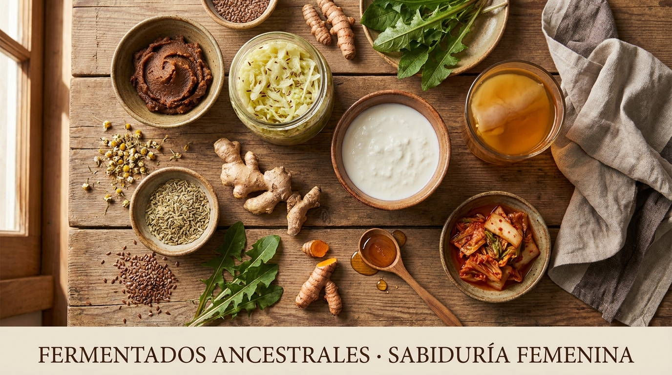 Mesa con fermentados ancestrales: miso, kéfir, chucrut, kombucha y hierbas medicinales tradicionales
