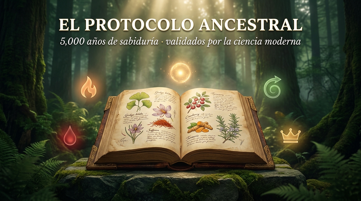 Libro del protocolo ancestral con plantas medicinales y luz dorada