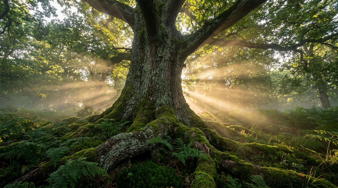 Árbol ancestral con raíces profundas, símbolo de la sabiduría que se perdió