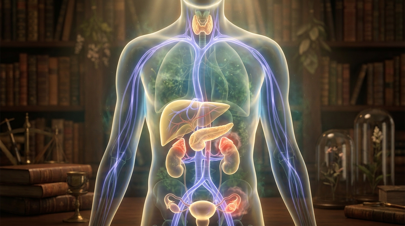 Visualización artística científica del cuerpo humano femenino con puntos iluminados en órganos mostrando las causas raíz del sobrepeso