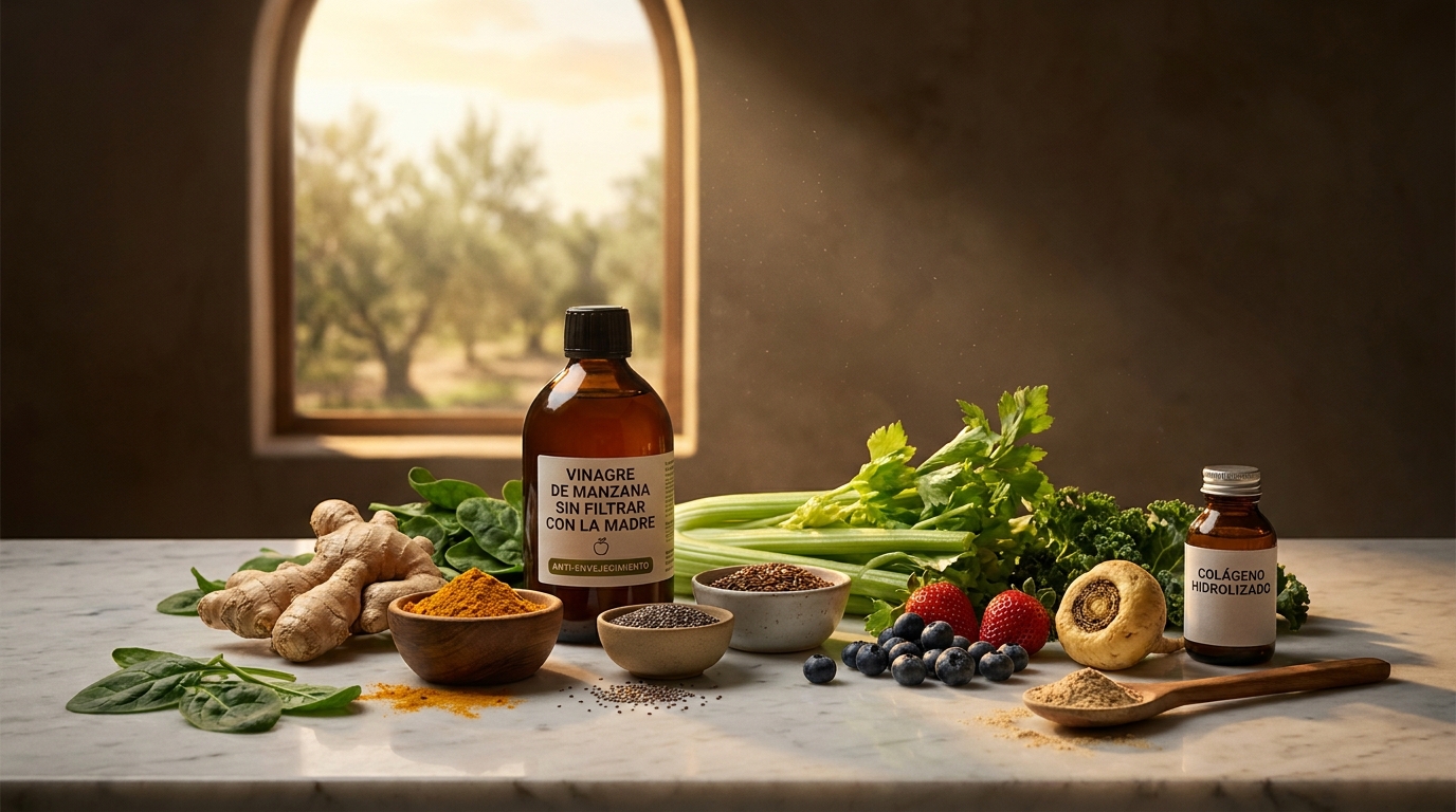 Ingredientes naturales antiedad de las celebridades: limón, jengibre, vinagre de manzana, ashwagandha