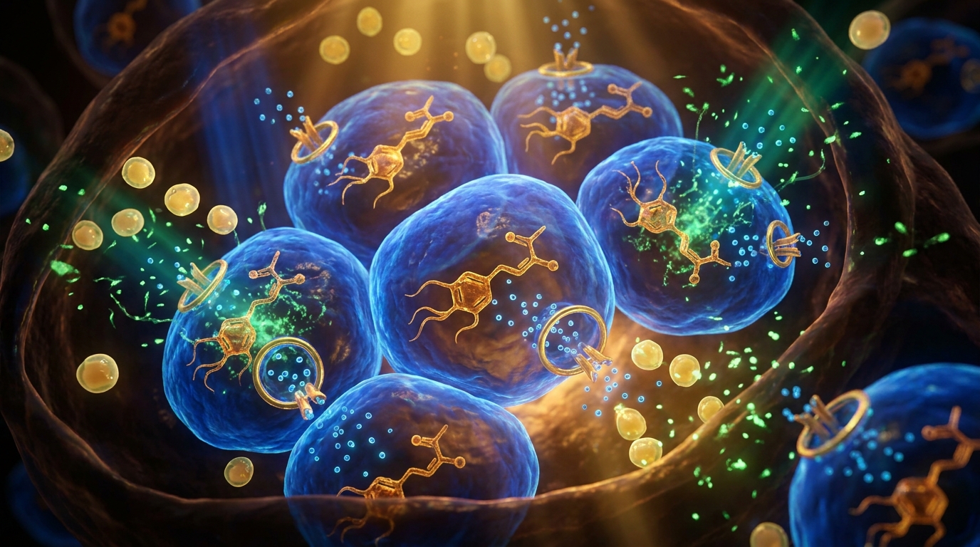Visualización microscópica de células pancreáticas produciendo insulina con moléculas de canela interactuando