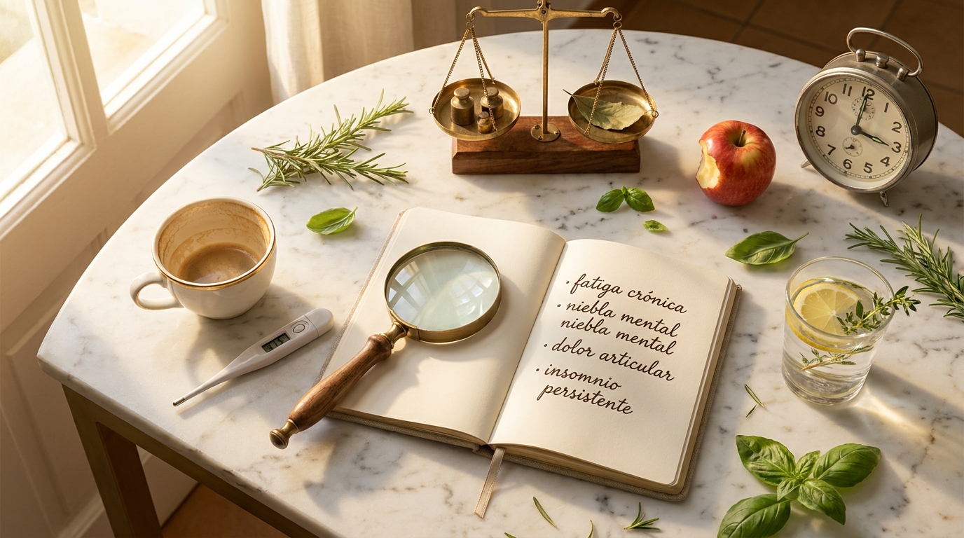 Señales silenciosas de inflamación crónica en flat lay editorial