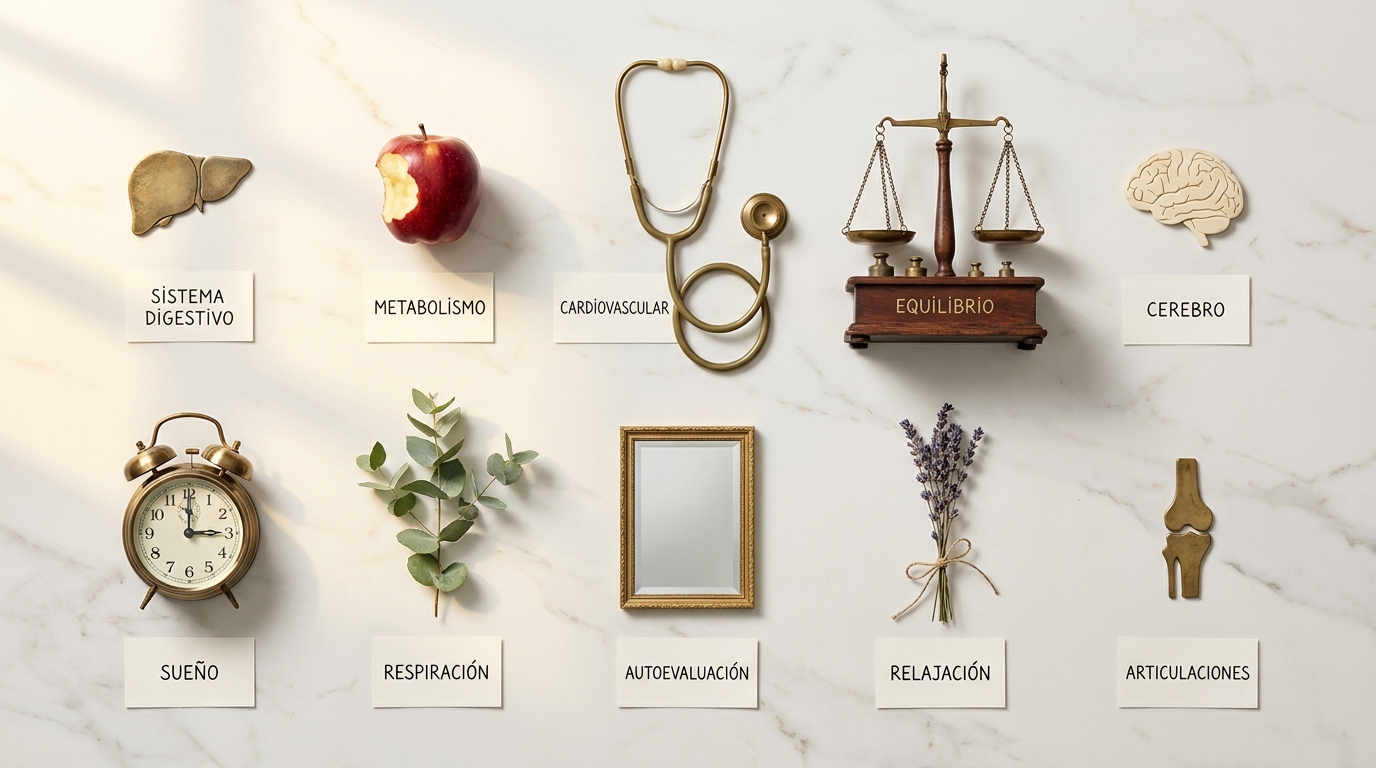 Los 10 sistemas del cuerpo evaluados en flat lay editorial