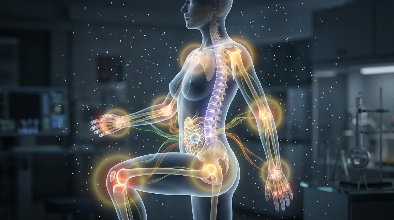 Visualización científica del cuerpo femenino mostrando las articulaciones inflamadas conectadas con el sistema inmune y el intestino