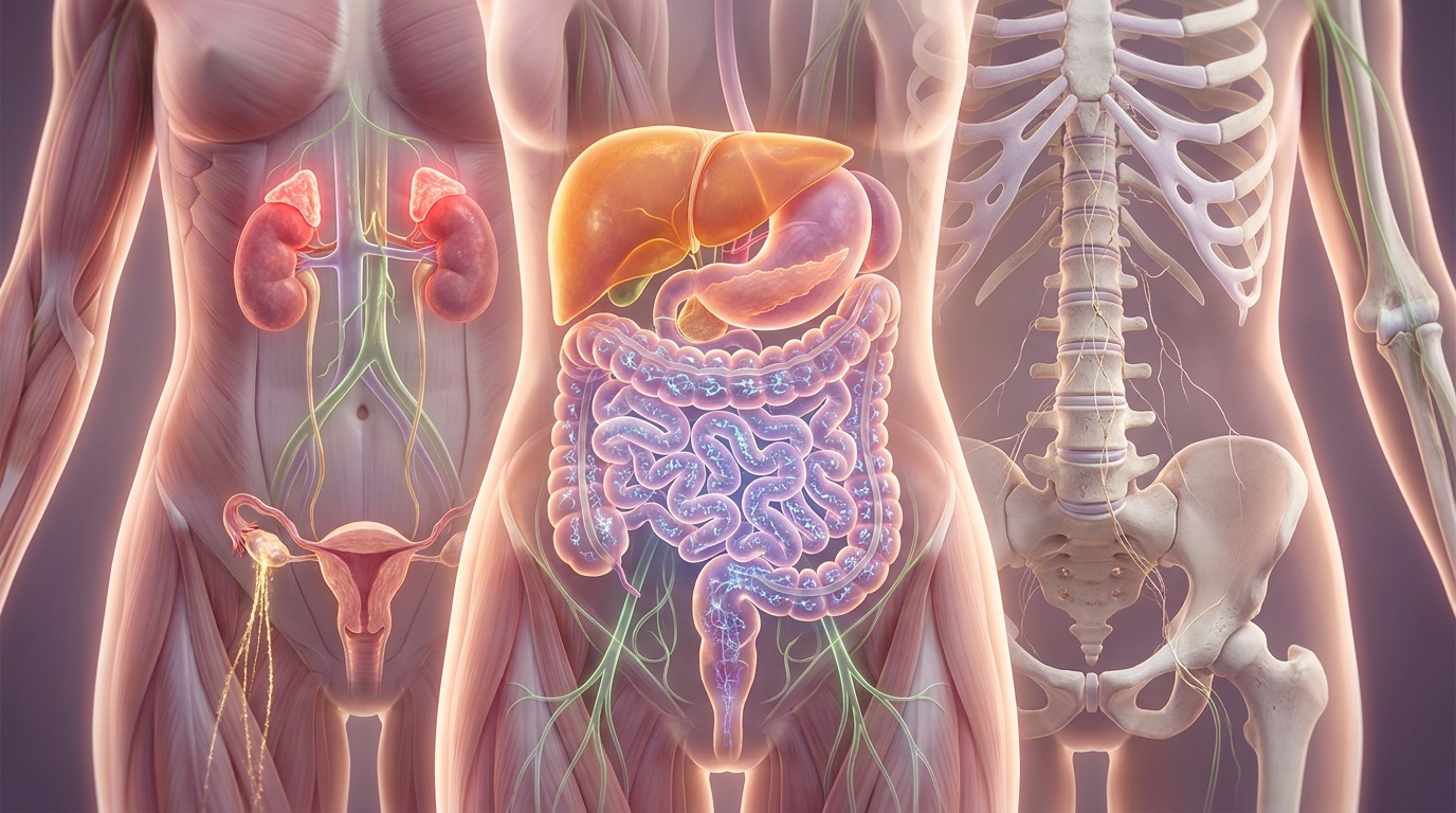 Sistemas del cuerpo femenino durante la menopausia mostrando los desequilibrios hormonales en cadena