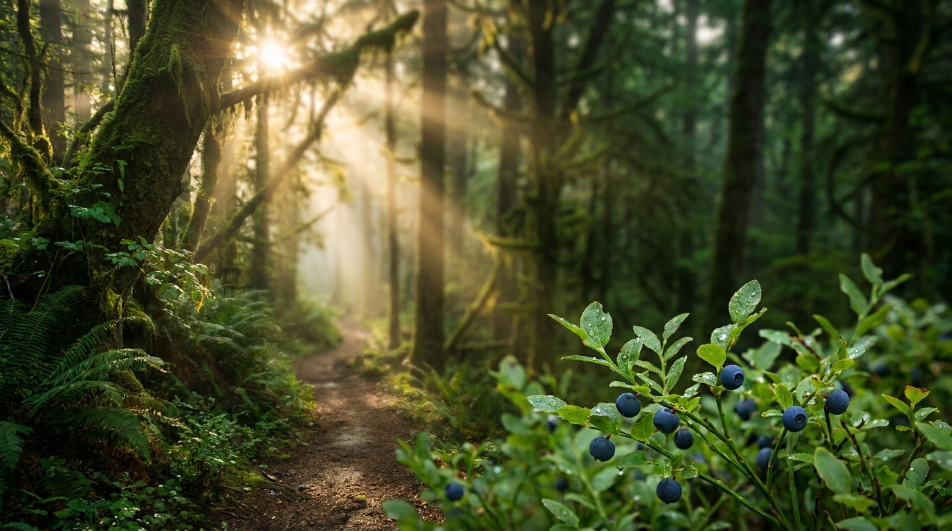 Bosque verde al amanecer con haces de luz dorada, principio ancestral de descansar la vista en la naturaleza profunda