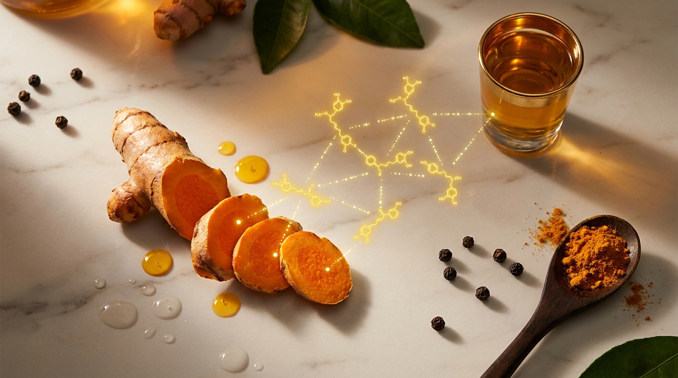 Raíz fresca de cúrcuma con sus rizomas dorados y moléculas de curcumina