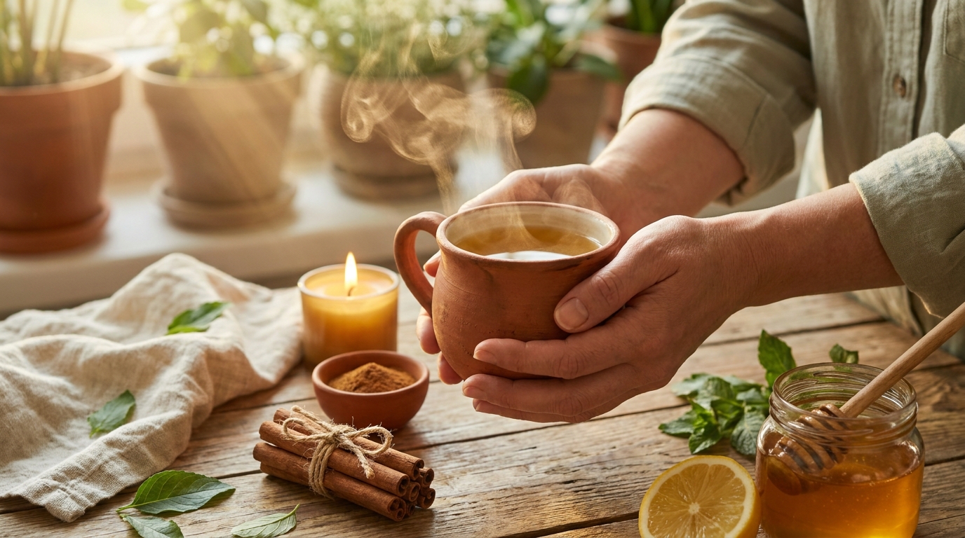 Manos sosteniendo una taza de cerámica con infusión humeante de canela ancestral