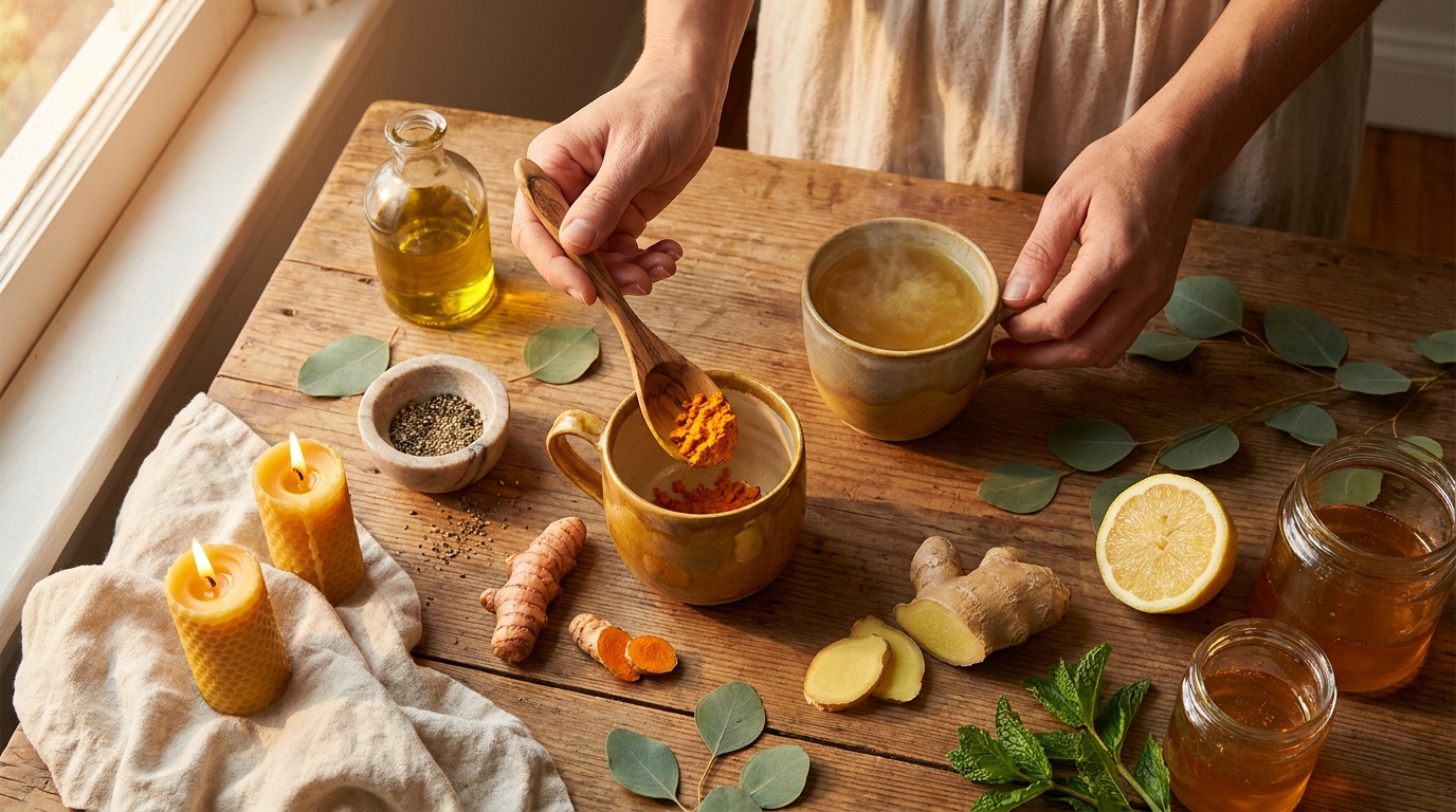 Manos preparando una infusión sanadora antiinflamatoria con cúrcuma, jengibre y limón