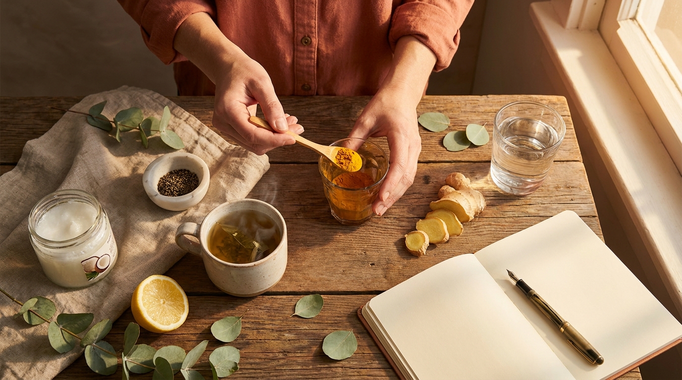 Manos preparando un shot matutino con cúrcuma, jengibre, limón y aceite de oliva