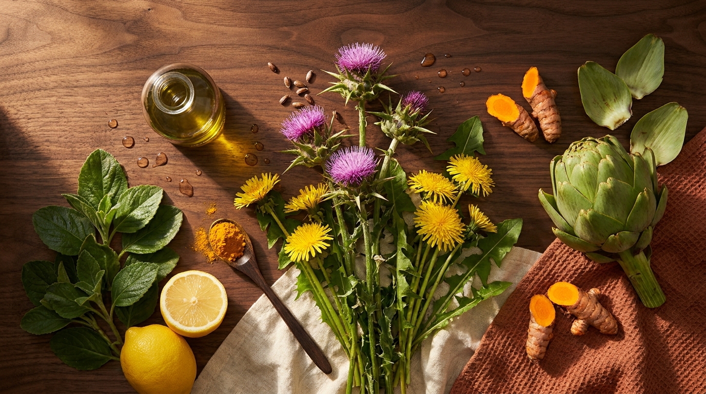 Plantas y ingredientes del protocolo hepático ancestral: cardo mariano, diente de león, alcachofa, cúrcuma, boldo, limón
