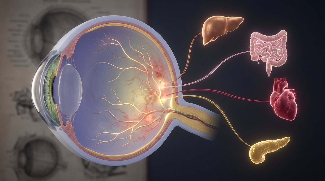 Anatomía del ojo conectada con hígado, intestino, corazón y páncreas mostrando la conexión sistémica de la vista con el resto del cuerpo