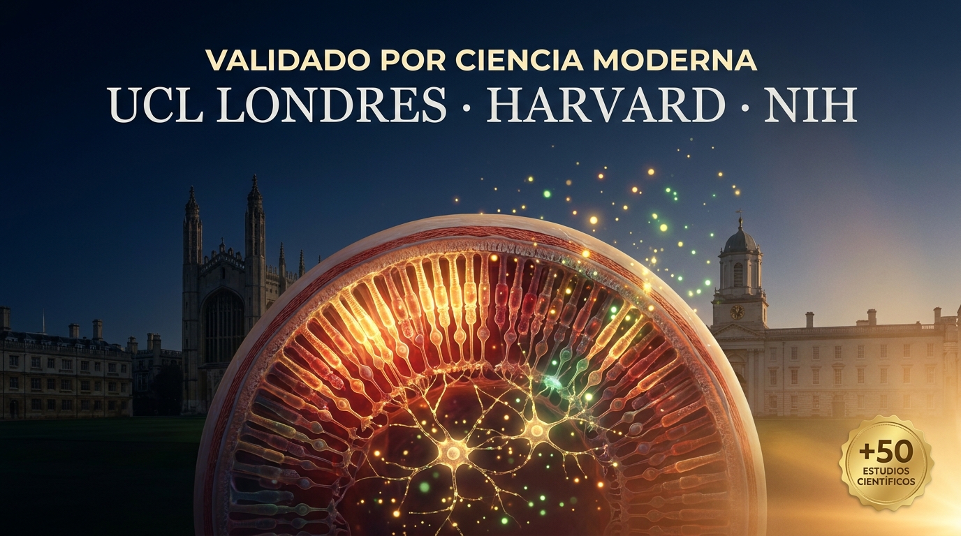 Retina humana mostrando capas celulares con mitocondrias activas y luz roja regenerativa