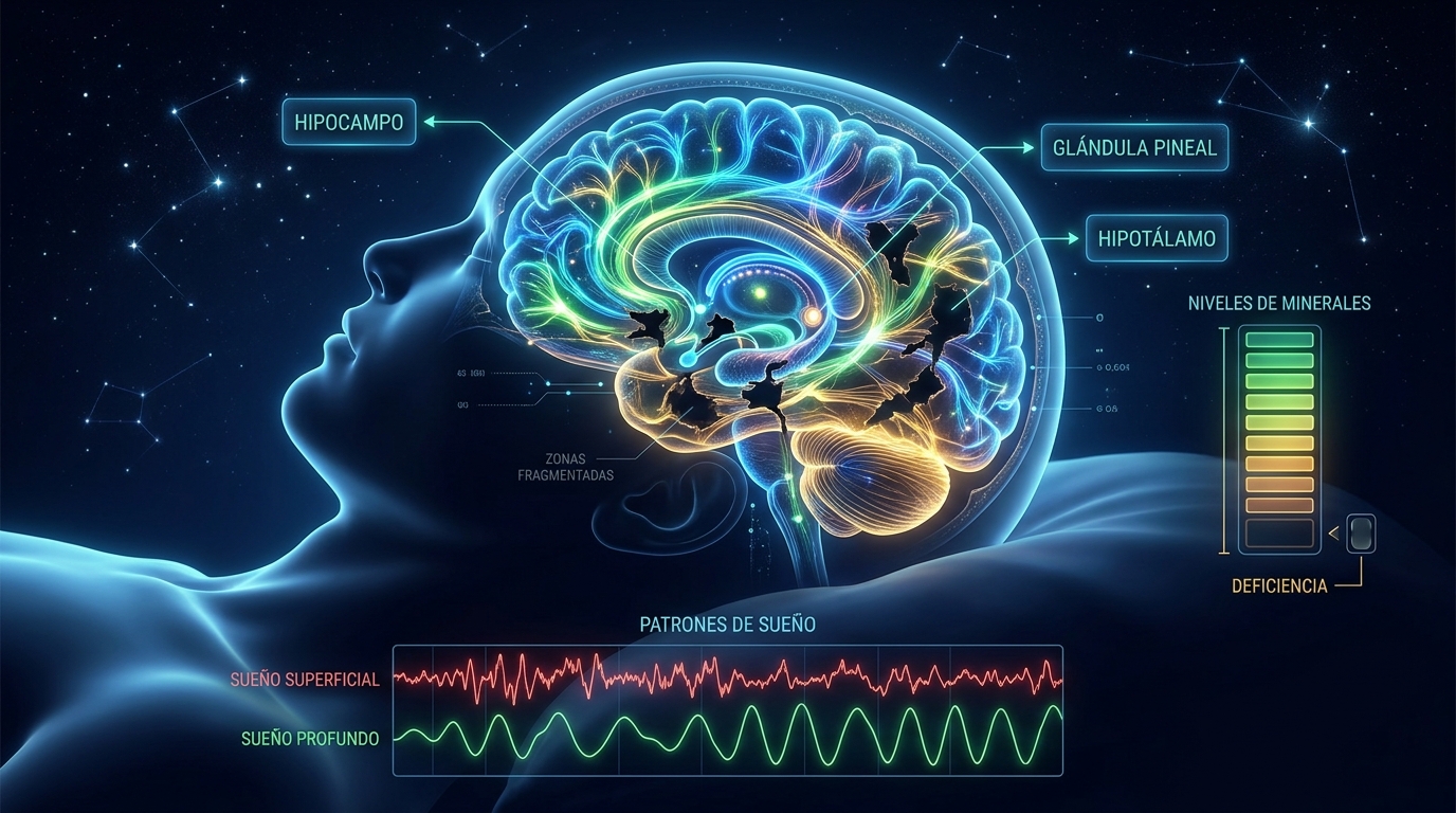 Visualización editorial del cerebro durante el sueño fragmentado y el déficit mineral asociado