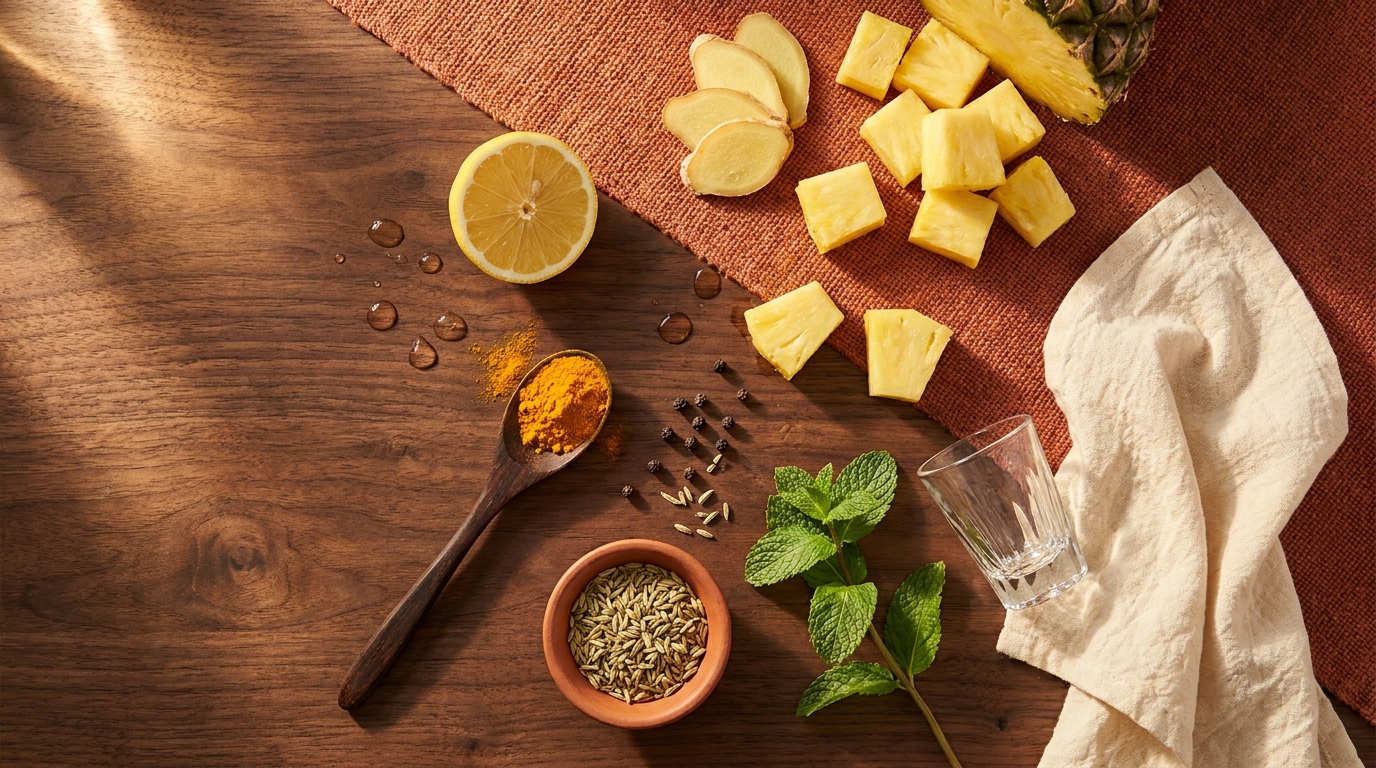 Ingredientes del shot antihinchazón piña jengibre limón cúrcuma hinojo