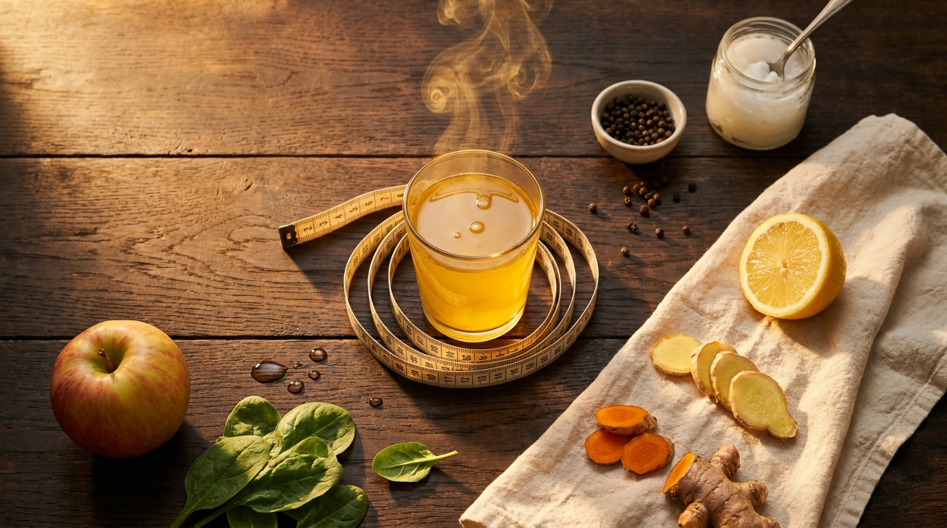 Ingredientes del reto con cinta métrica simbolizando transformación corporal