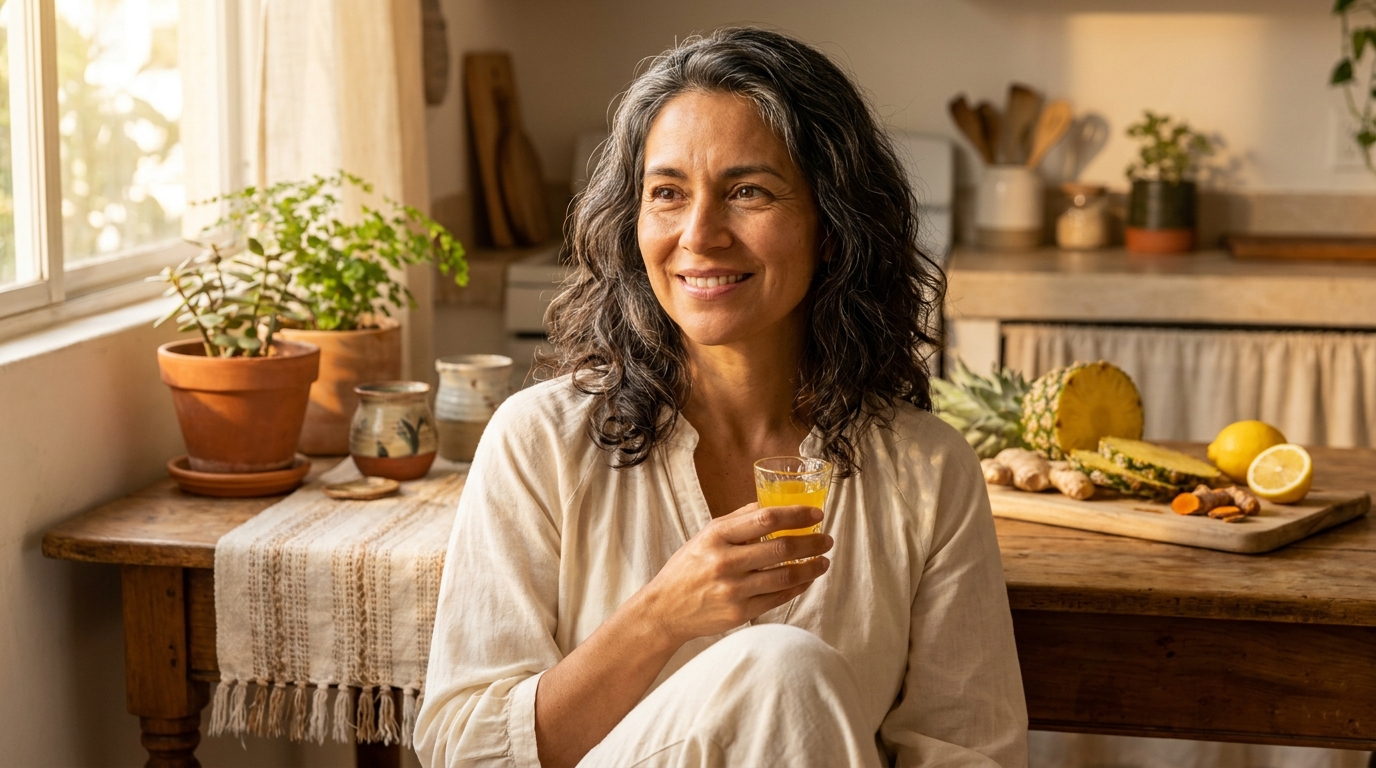 Mujer latina sosteniendo shot natural dorado en cocina hogareña