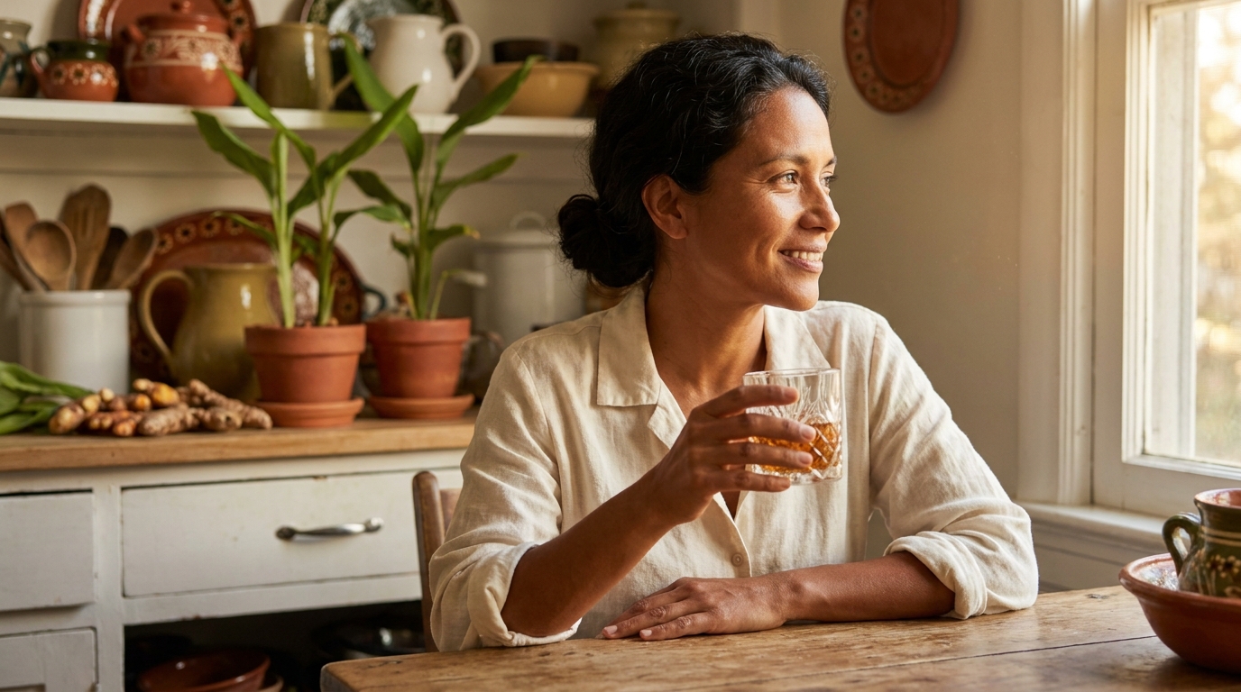 Mujer latina sosteniendo un shot dorado de cúrcuma preparado en su cocina