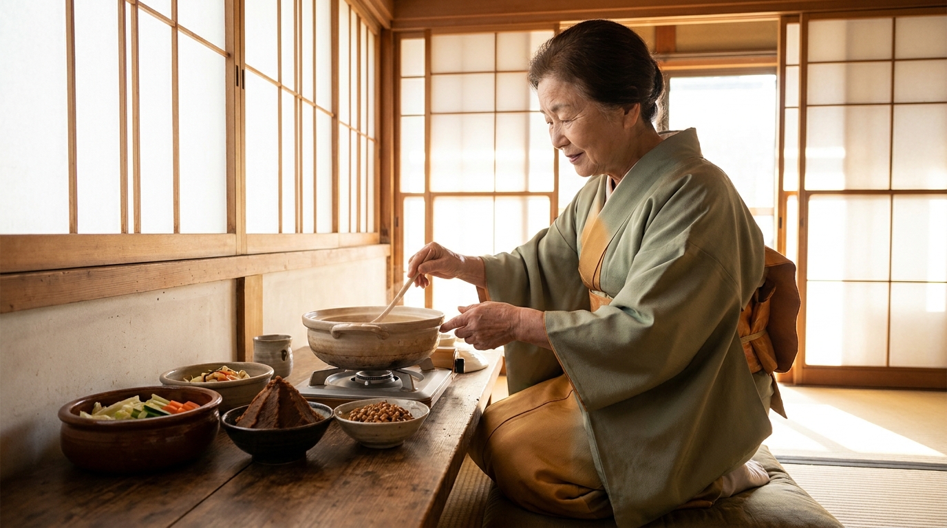 Mujer china madura preparando sopa miso, tradición ancestral que alimenta el Estroboloma intestinal