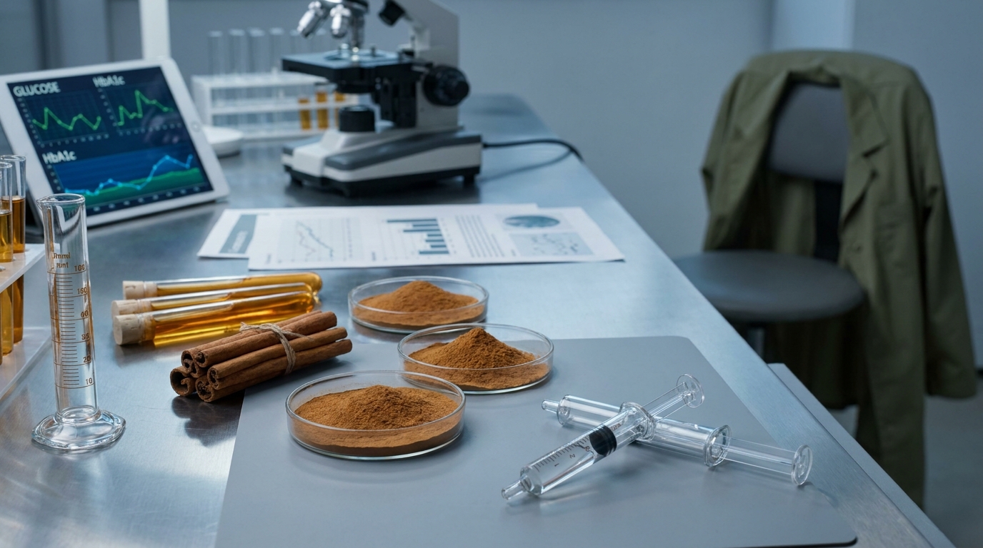 Mesa de laboratorio científico con muestras de canela Ceylon, polvo, extracto y microscopio
