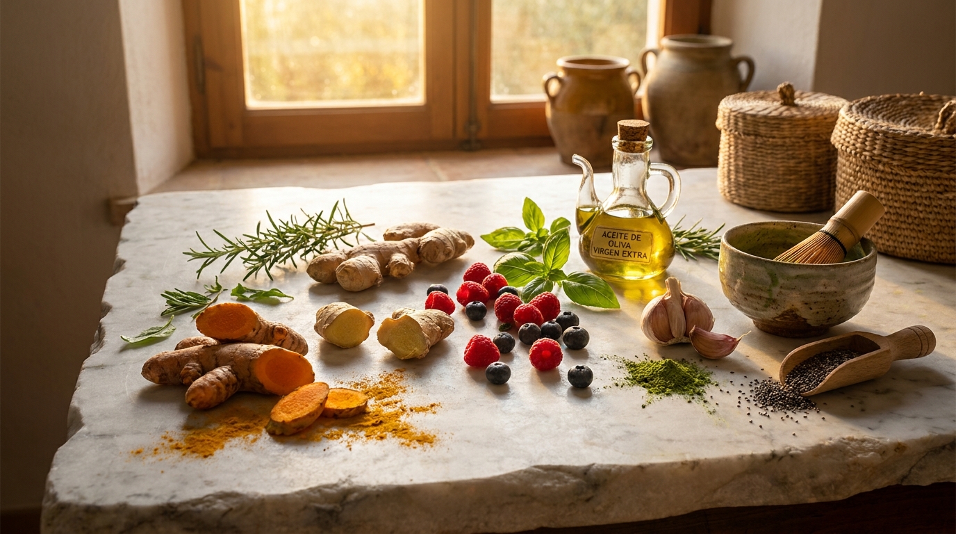 Mesa con alimentos antiinflamatorios mediterráneos cúrcuma jengibre romero omega 3