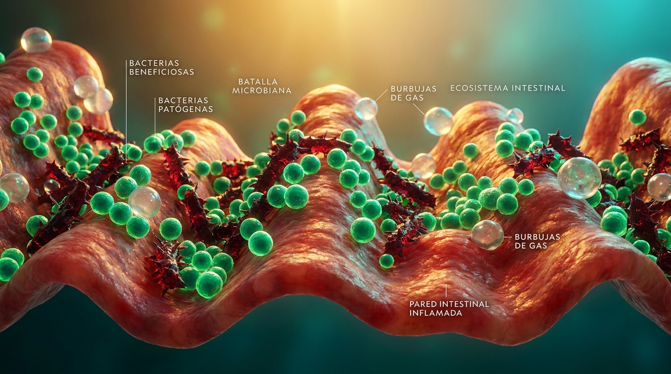 Microbiota intestinal visualización microscópica bacterias buenas y dañinas