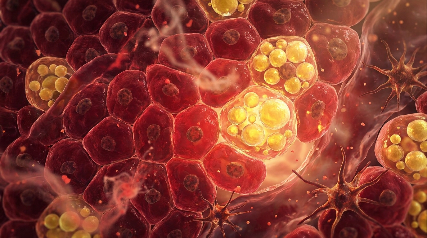Visualización microscópica del hígado con esteatosis hepática mostrando gotas de grasa amarilla en hepatocitos