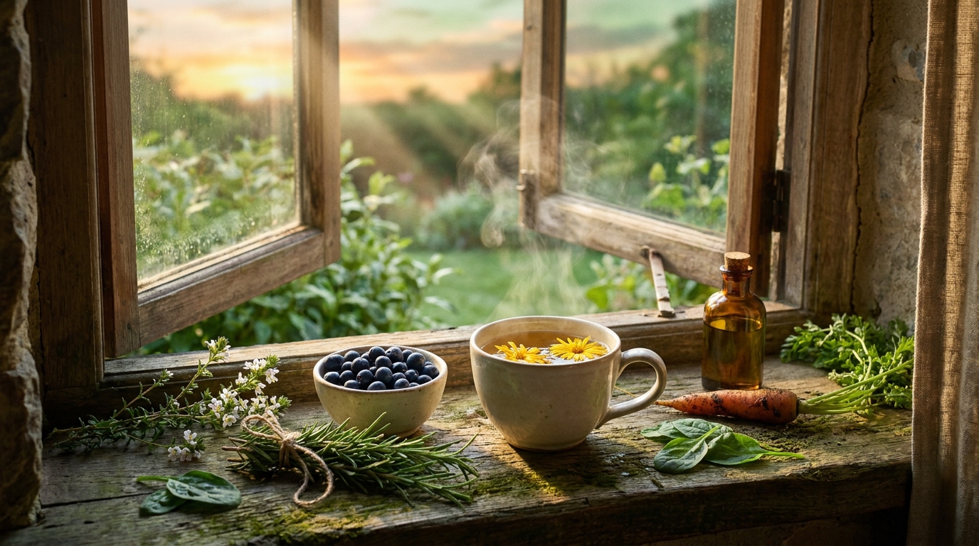 Ritual matutino con hierbas medicinales y té en la ventana, conexión con la sabiduría femenina ancestral