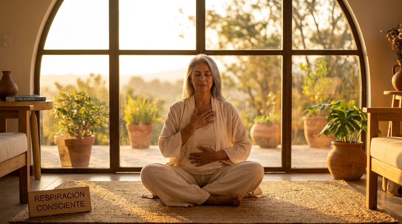 Mujer practicando respiración consciente y autocuidado