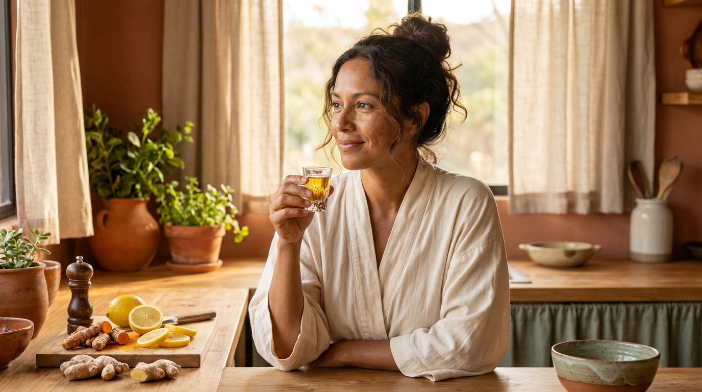 Mujer latina disfrutando del shot del reto en su cocina