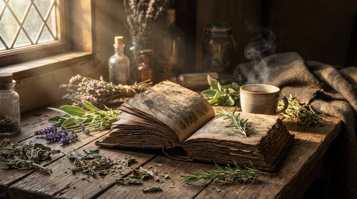 Libro abierto con hierbas medicinales: ciencia moderna y sabiduría ancestral