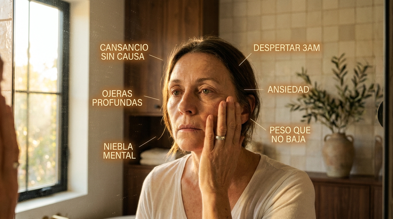 Mujer madura mirándose al espejo, contemplando los cambios de su cuerpo durante la menopausia