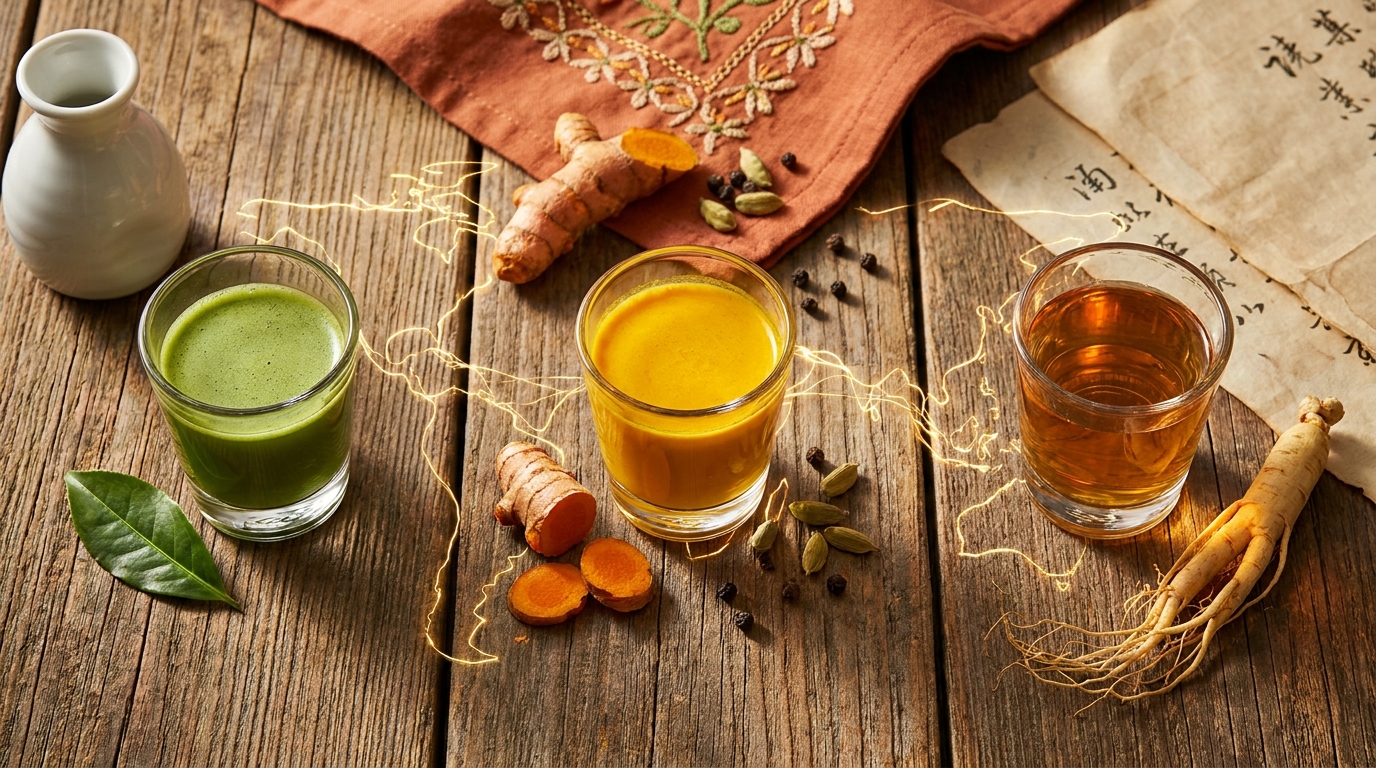 Tres shots ancestrales de Asia: matcha de Japón, cúrcuma de India y ginseng de China