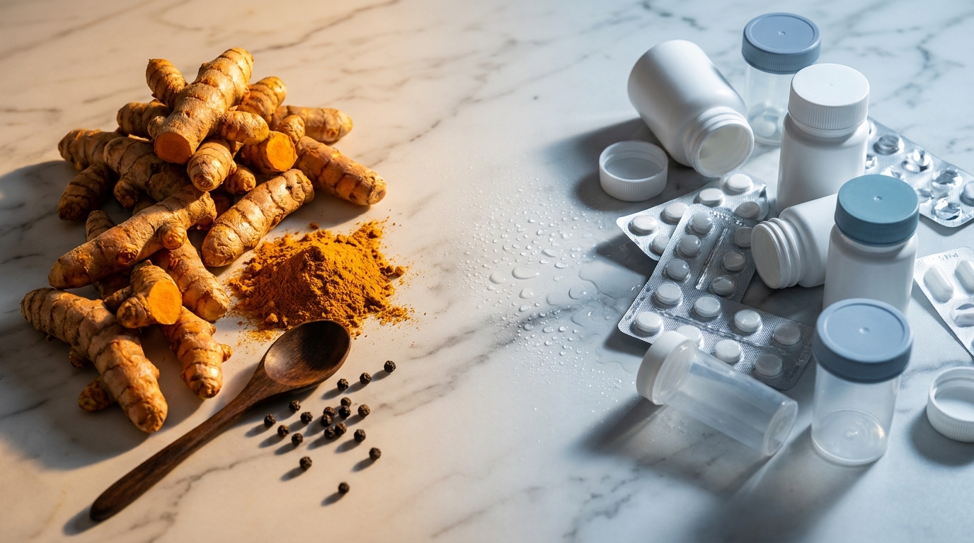 Comparativa visual entre raíces de cúrcuma natural y pastillas de farmacia