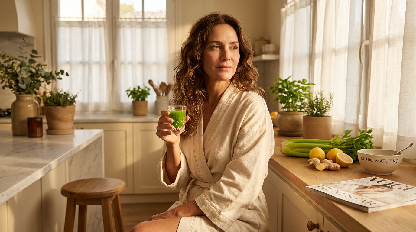 Mujer aplicando el ritual matutino de shot wellness en ayunas