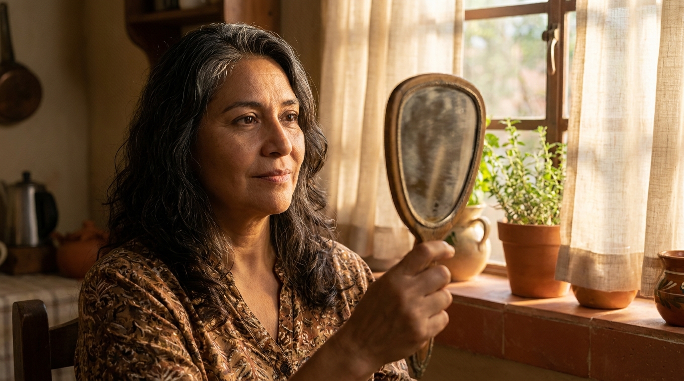 Mujer latina madura mirándose al espejo, reconociendo los cambios que la menopausia trajo a su cuerpo