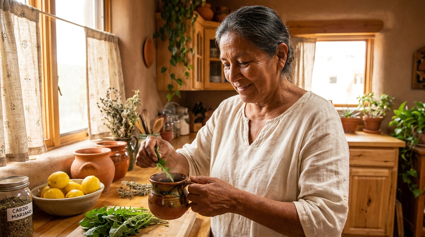 Mujer latina madura preparando infusión hepática con plantas ancestrales en su cocina