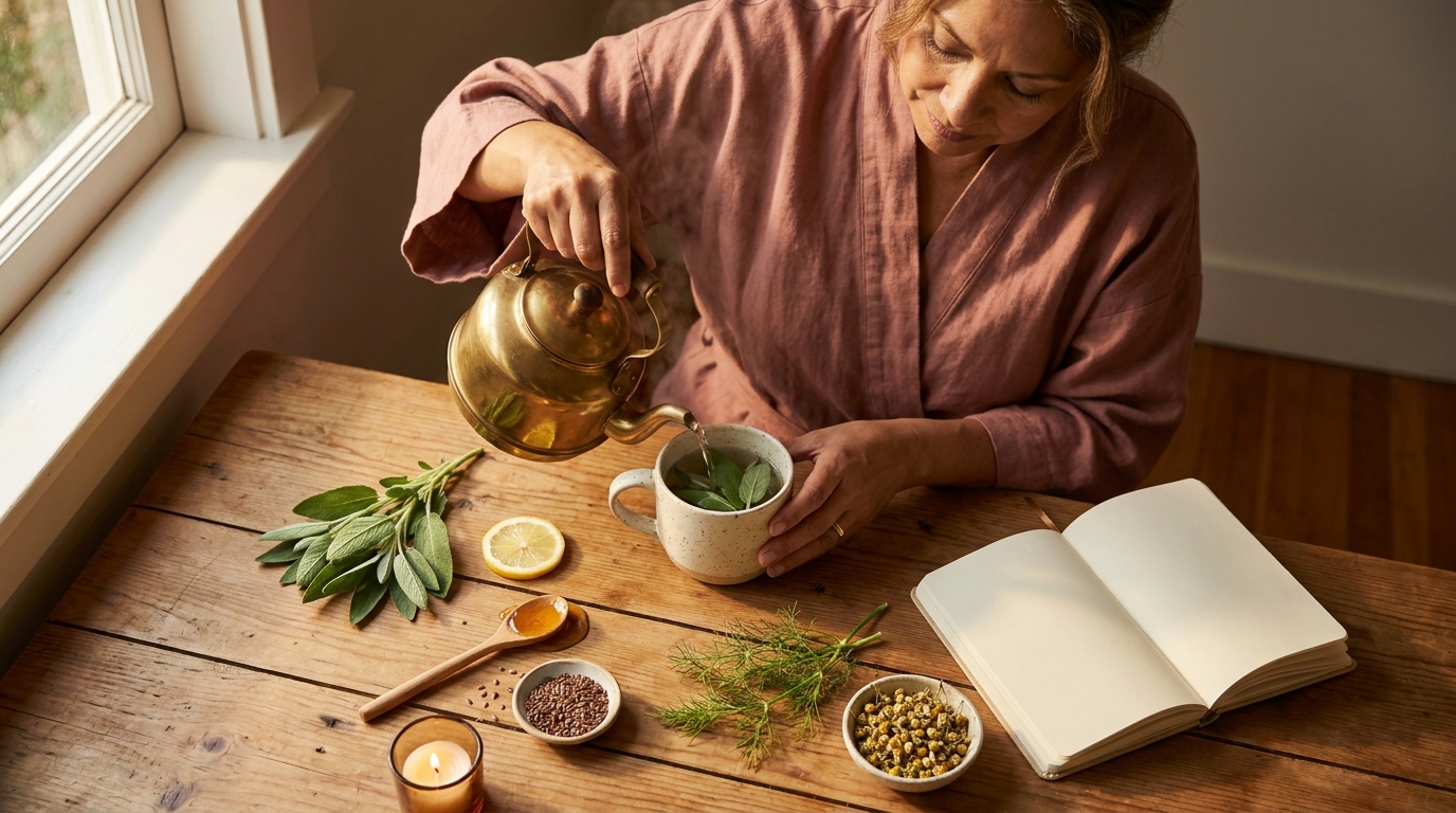 Mujer madura preparando infusión herbal ancestral en su cocina