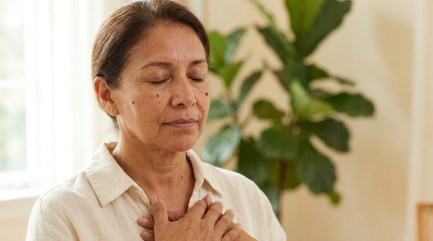 Mujer con las manos sobre su corazón, escuchando las señales de su cuerpo