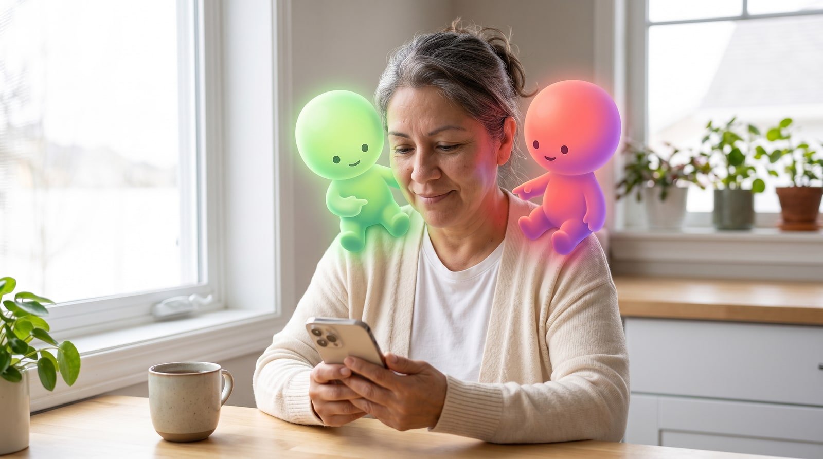 Una mujer mira su teléfono en la mesa de la cocina, con dos mascotas de Vitalizate sobre los hombros